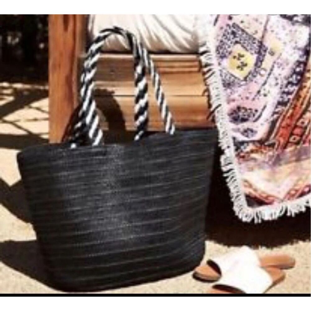 Rachel Zoe Black Woven Tote with Striped Handles